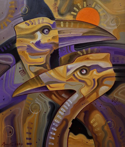 Oil painting The Lost World by Sergiy Voichenko with golden purple bird heads