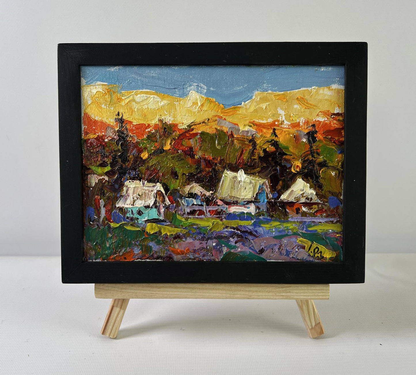 Vibrant Oleksiy Ivanyuk oil painting of sunset village in mountains, framed