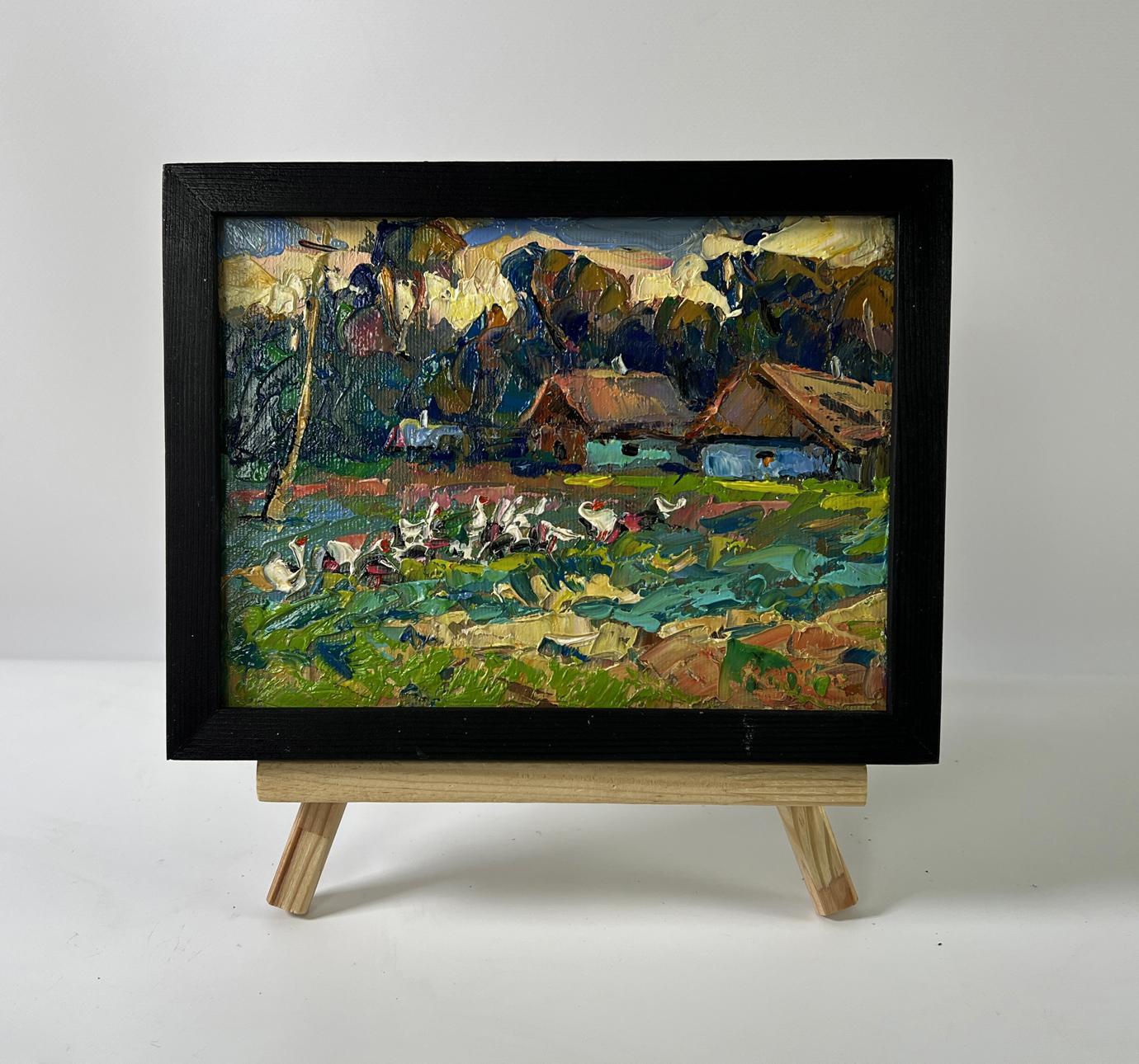 Oil painting by Oleksiy Ivanyuk: geese in evening fields, impressionist style