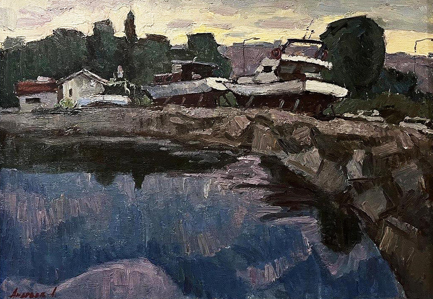 Oil painting Twilight by Oleksandr Andreev: riverside boats, houses, trees