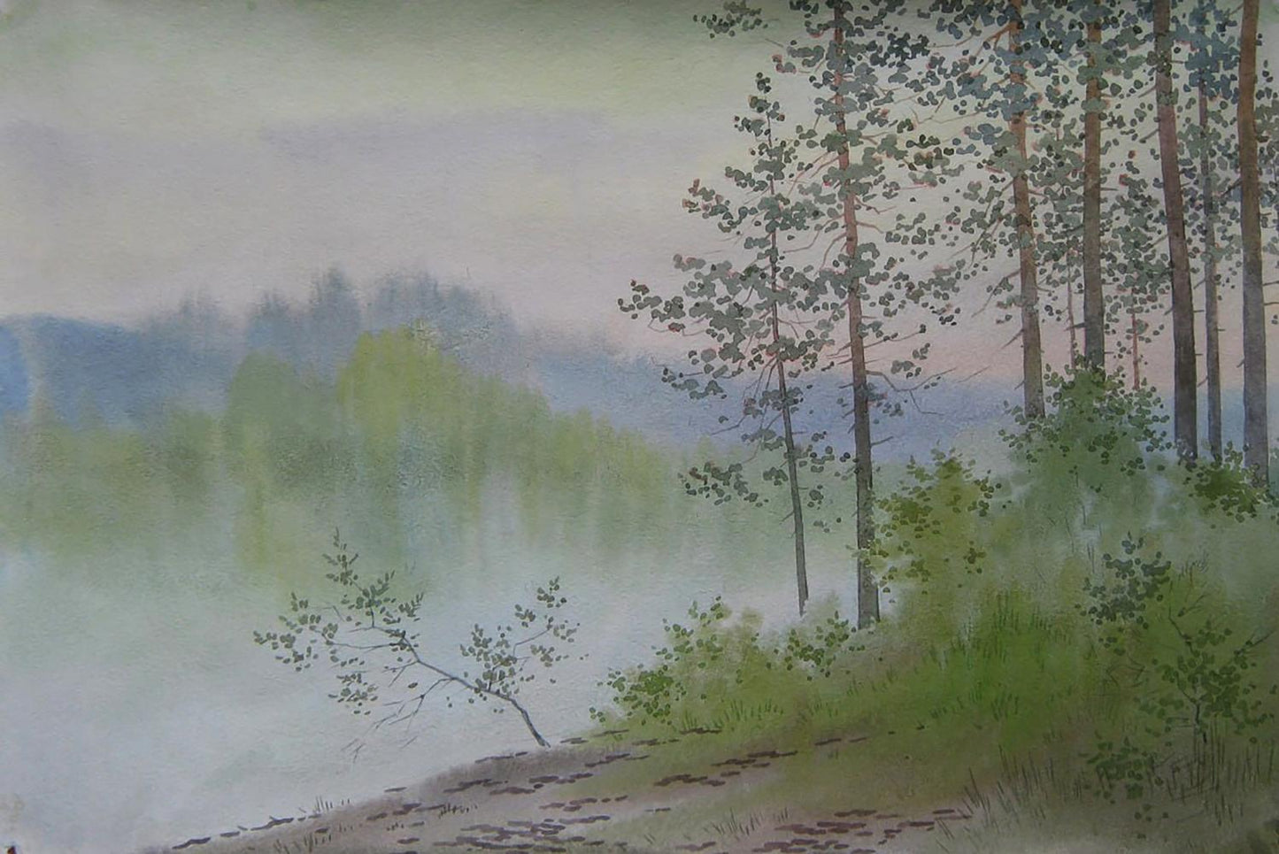 Watercolor painting Morning on the River by Valery Savenets misty landscape