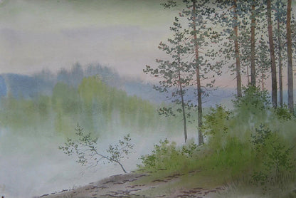 Watercolor painting Morning on the River by Valery Savenets misty landscape