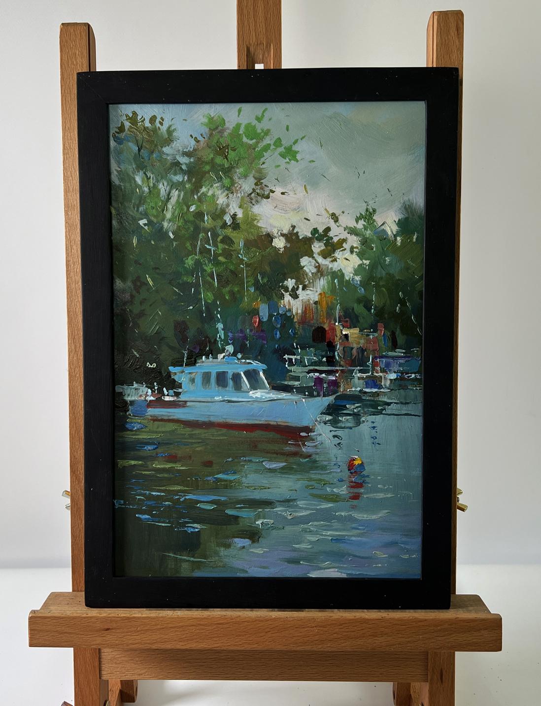 Oil painting Boats on the river by Yuriy Suprunchuk impressionist scene