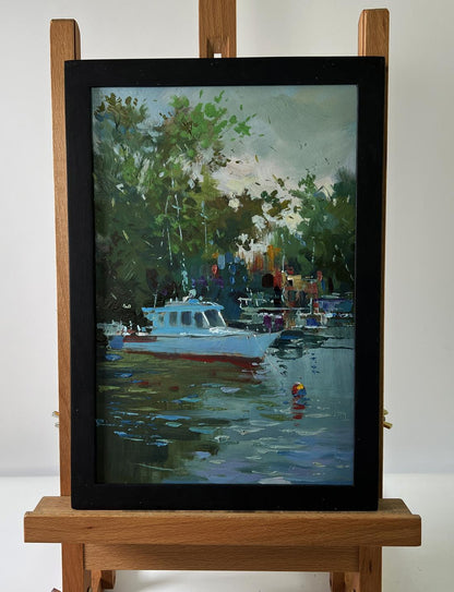 Oil painting Boats on the river by Yuriy Suprunchuk impressionist scene
