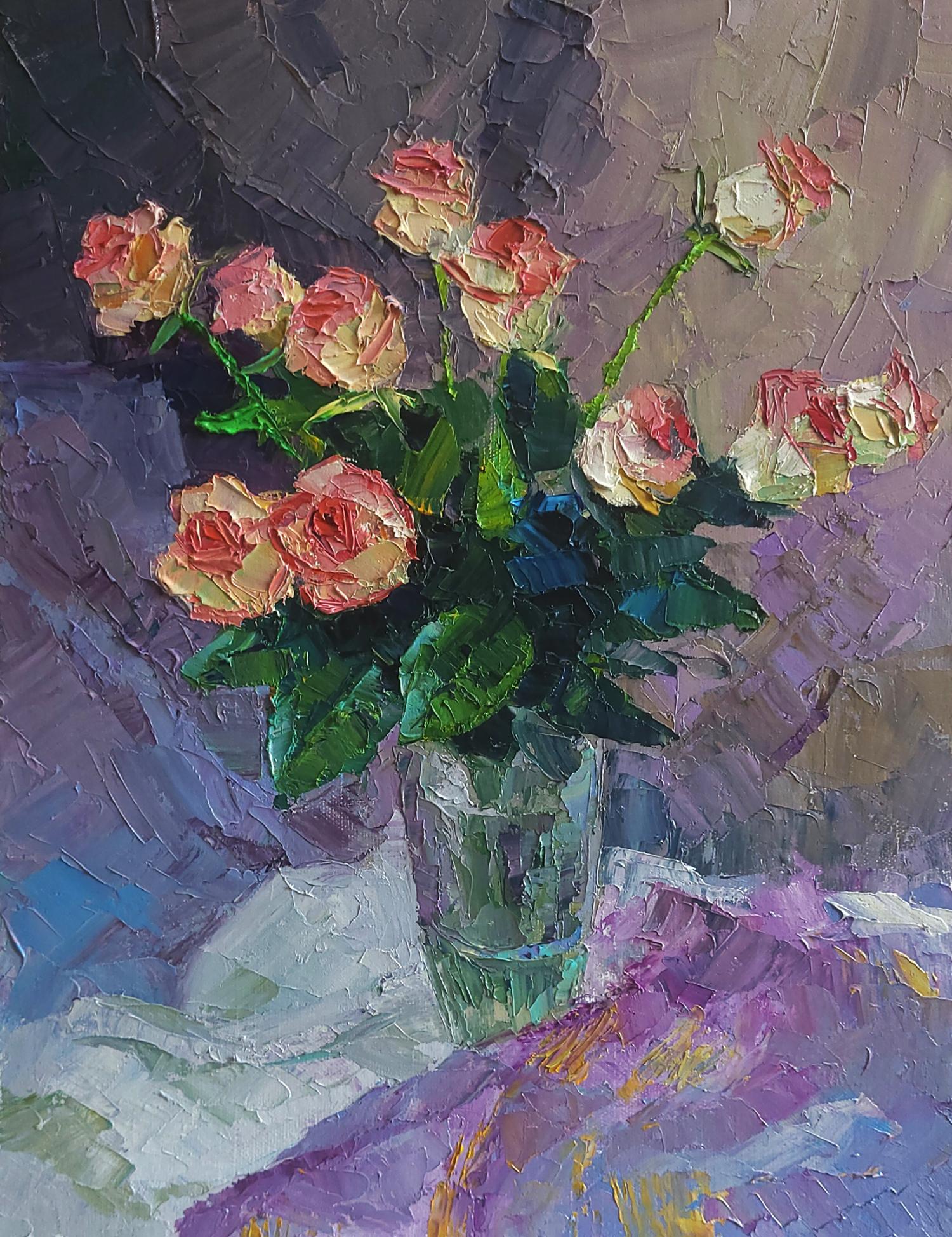 Oil painting of pink and cream roses in crystal vase by Boris Serdyuk