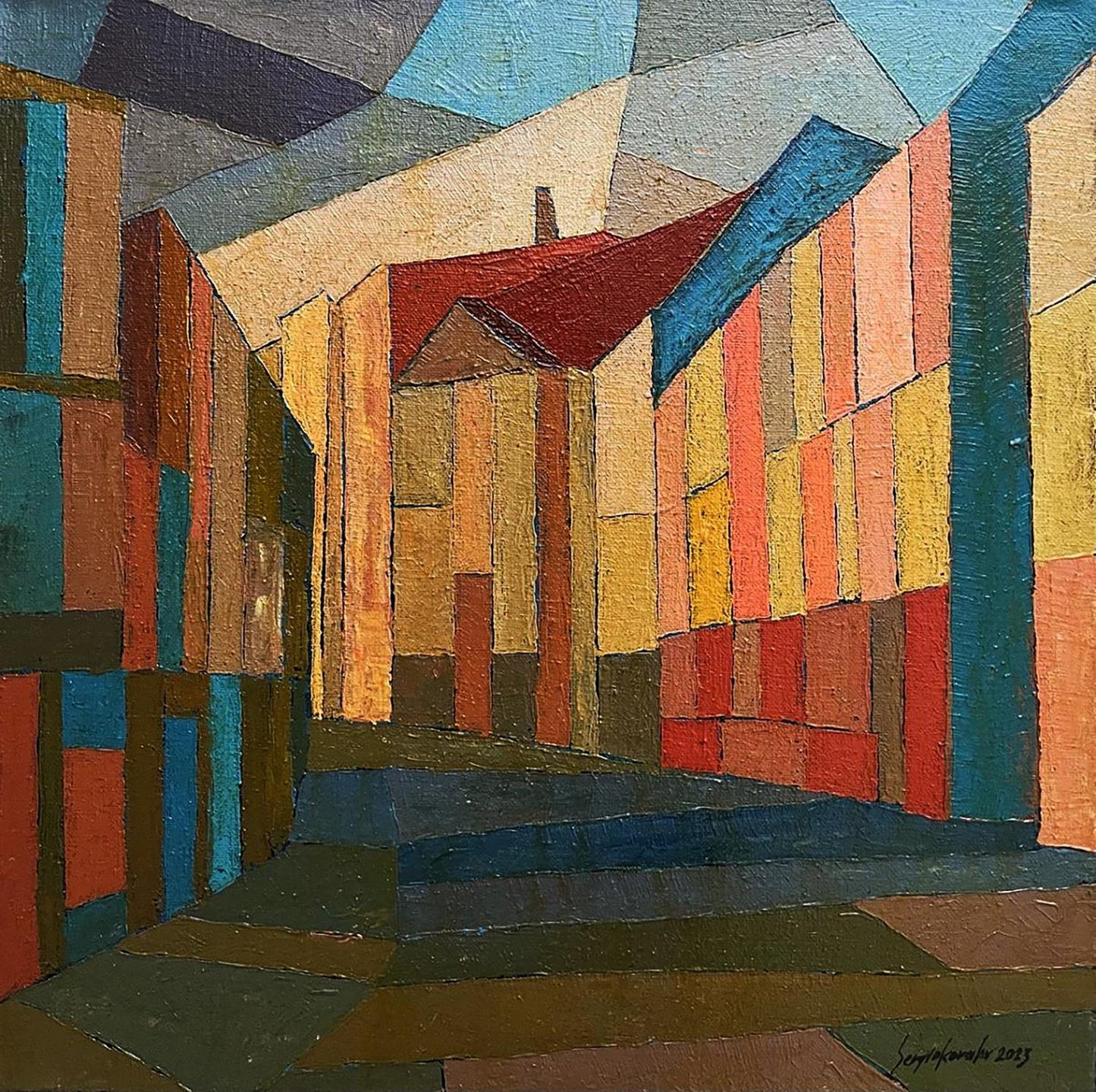 Vibrant oil painting of old houses narrow street by Serhiy Kovalev