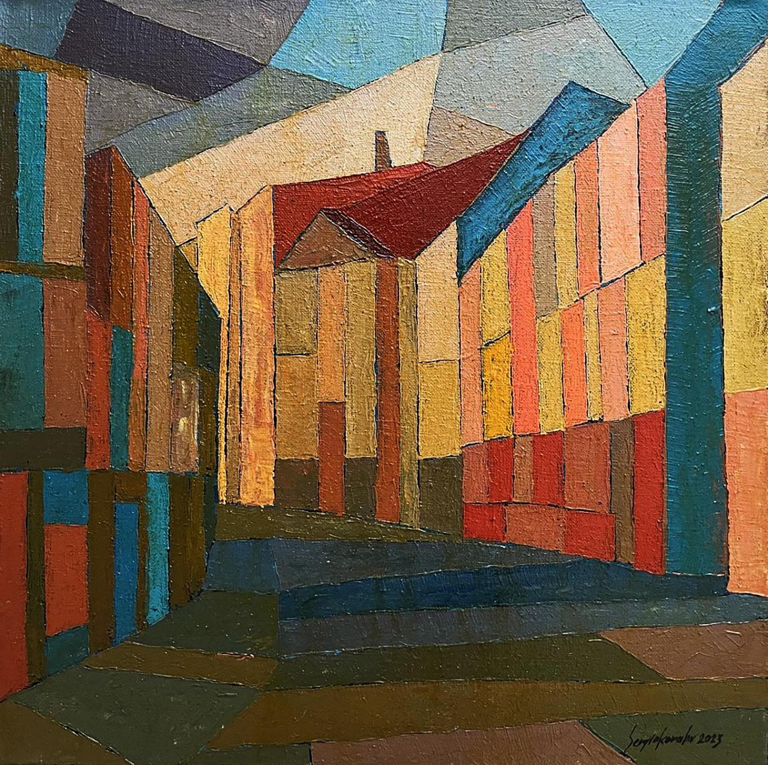 Vibrant oil painting of old houses narrow street by Serhiy Kovalev