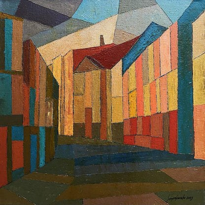 Vibrant oil painting of old houses narrow street by Serhiy Kovalev
