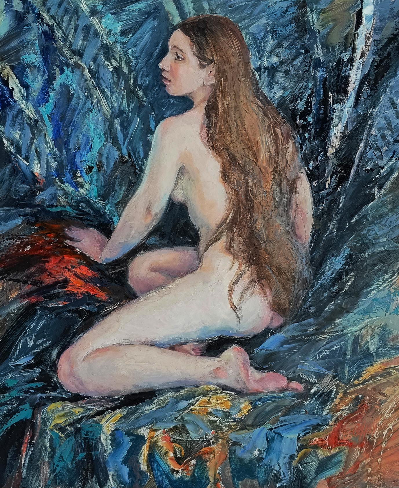 Figure portrait of girl on towel by Oksana Osnach, dynamic blue red oil painting