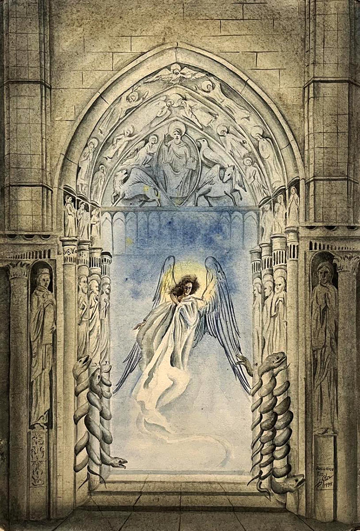 Watercolor painting of Paradise Tor by Dmytro Startsev: stone archway with angelic figure