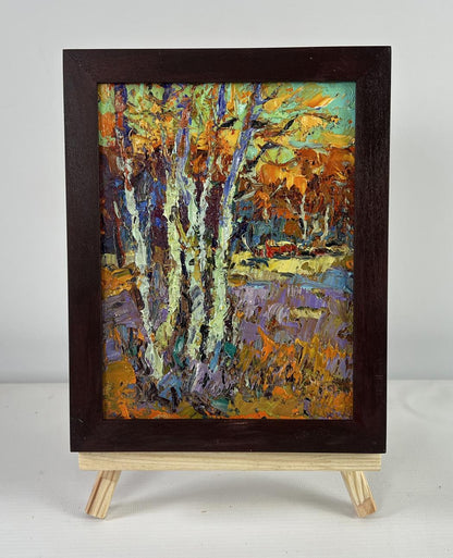 Vibrant impressionist oil painting of young aspens by Oksana Ivanyuk in wooden frame