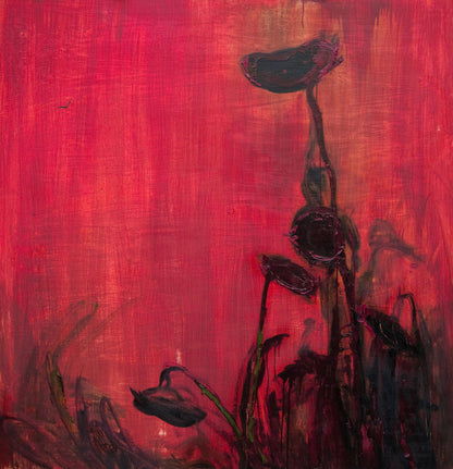 Abstract wilted lotus oil painting by Natalia Korf-Ivaniuk on red background