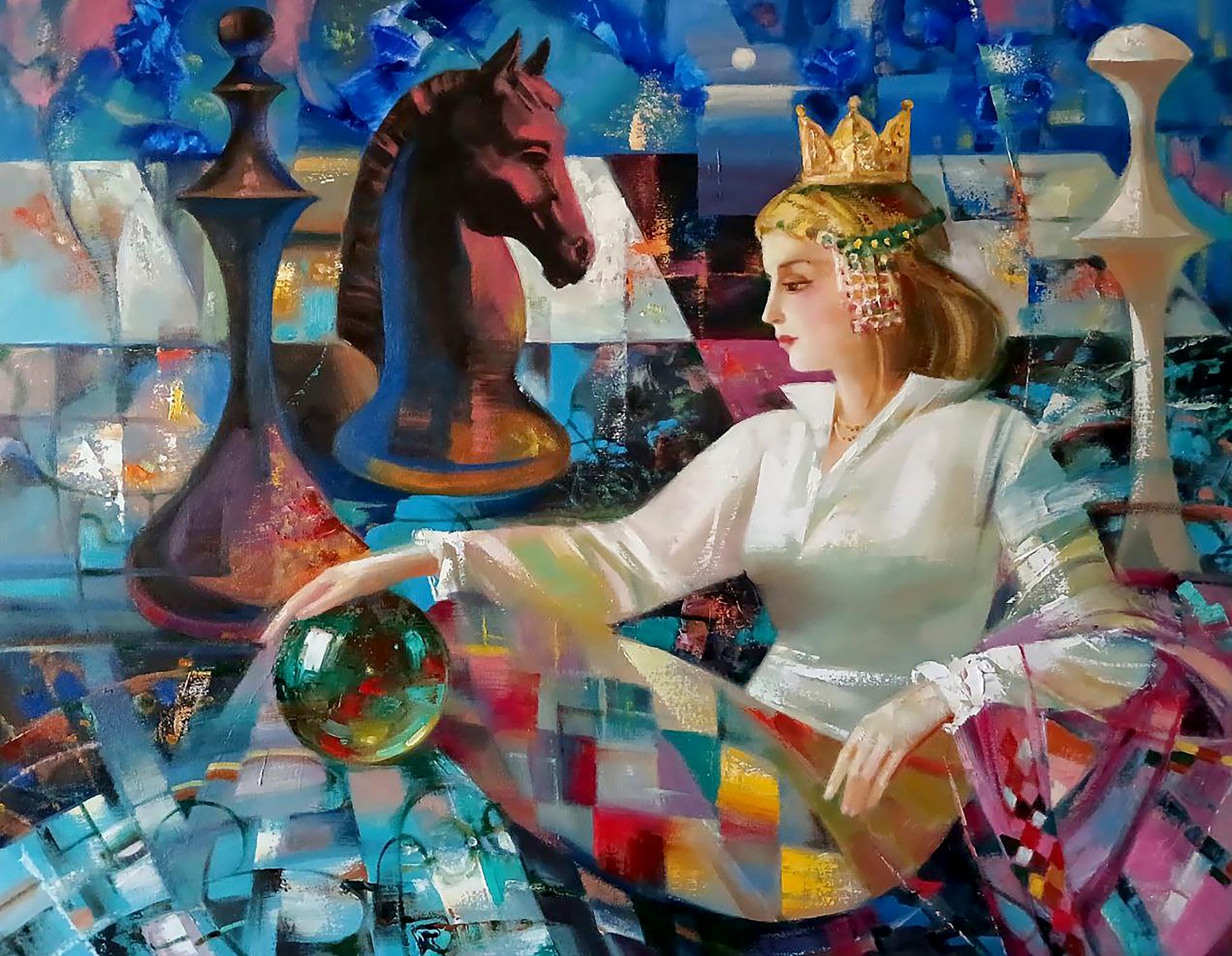 Abstract oil painting of regal Queen Anatoly Tarabanov with chess knight and green crystal ball