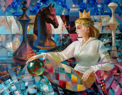 Abstract oil painting of regal Queen Anatoly Tarabanov with chess knight and green crystal ball