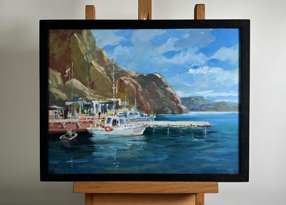 Oil painting Ships on the ferry by Yuriy Suprunchuk coastal pier scene