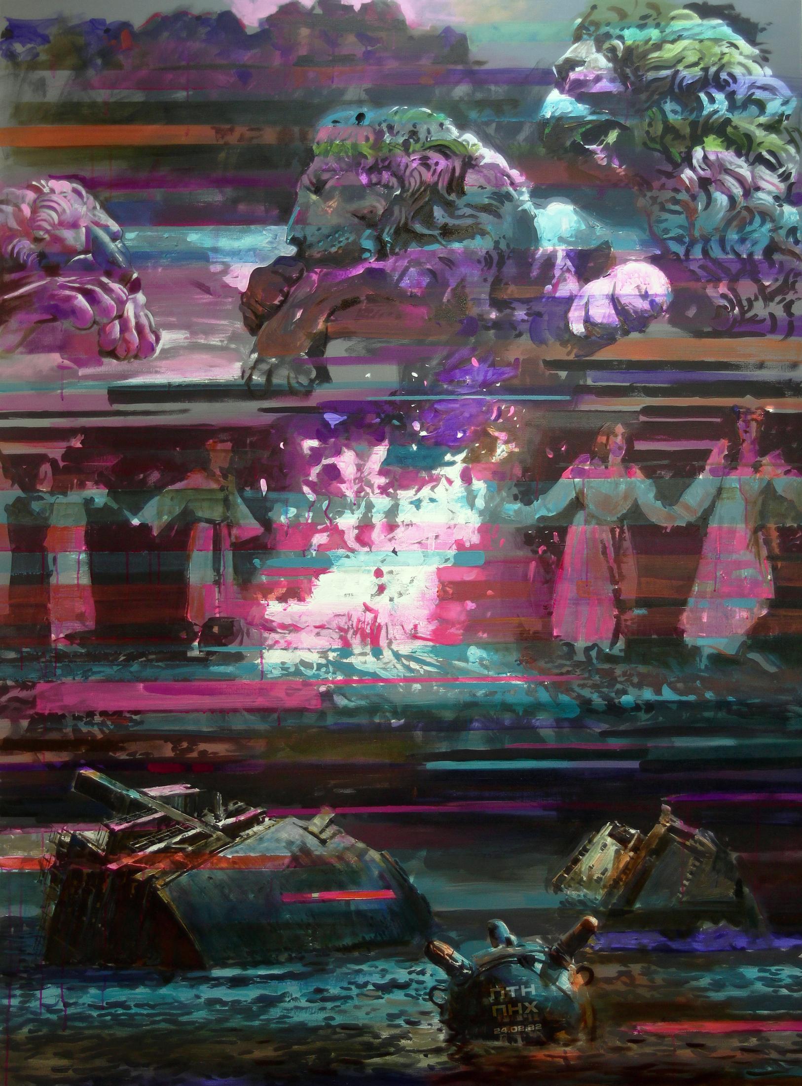 Surreal glitched figures and machinery in vibrant purples, pinks, blues, greens by Rite Ed Potapenkov oil painting