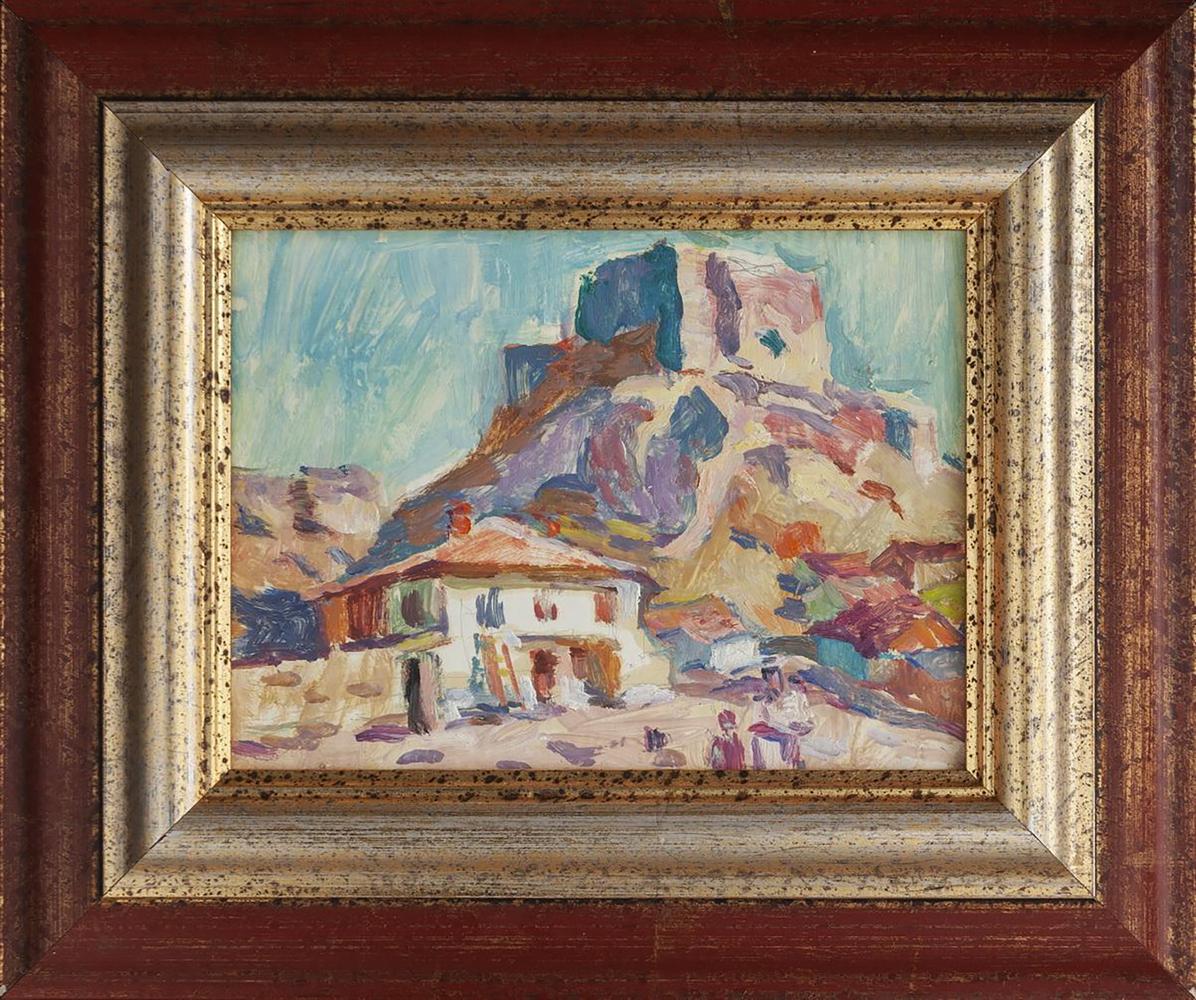 Oil painting Central Asia by Yury Konovalov: vibrant village on cliffs