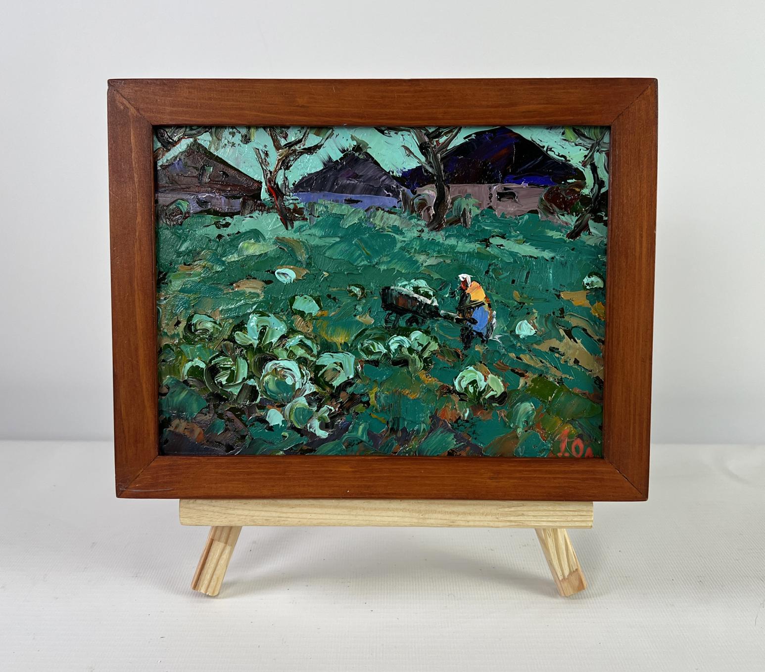Oleksiy Ivanyuk oil painting The city and the soul of the village, impressionistic green field