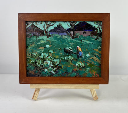 Oleksiy Ivanyuk oil painting The city and the soul of the village, impressionistic green field