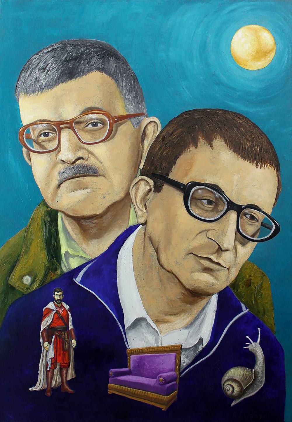 Oil painting of emotional brothers portrait by Andrii Klishyn, vibrant surreal teal sky
