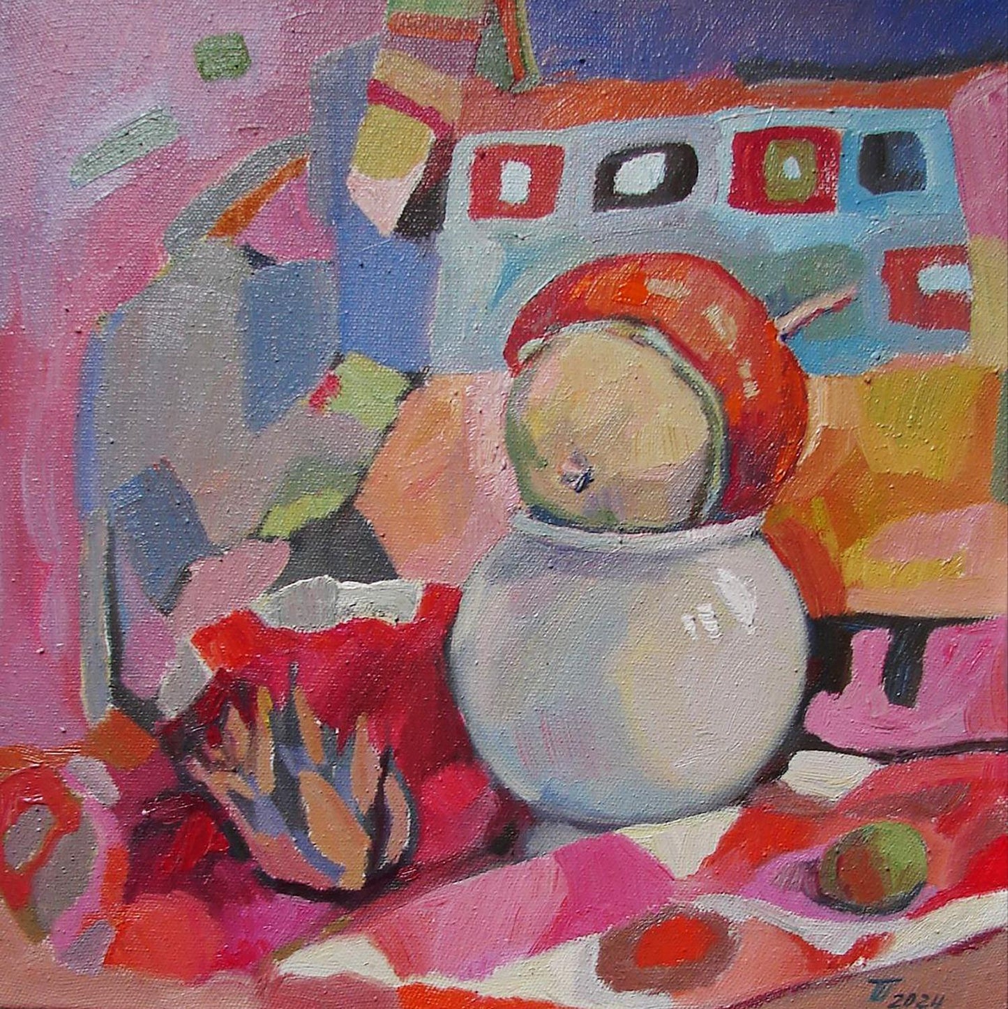 Oil painting of pumpkin in white vase by Tatyana Shulyak