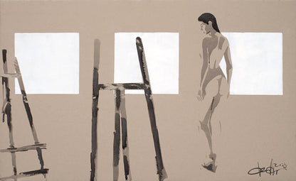 Minimalist monochrome acrylic painting by Dima Filatov: nude model walking past easels