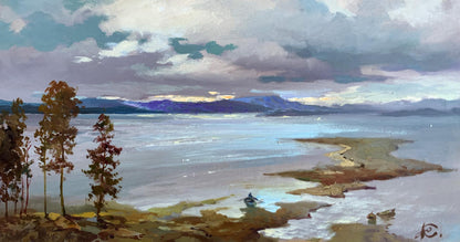Serene oil painting by Yuriy Suprunchuk of lake washing mountains