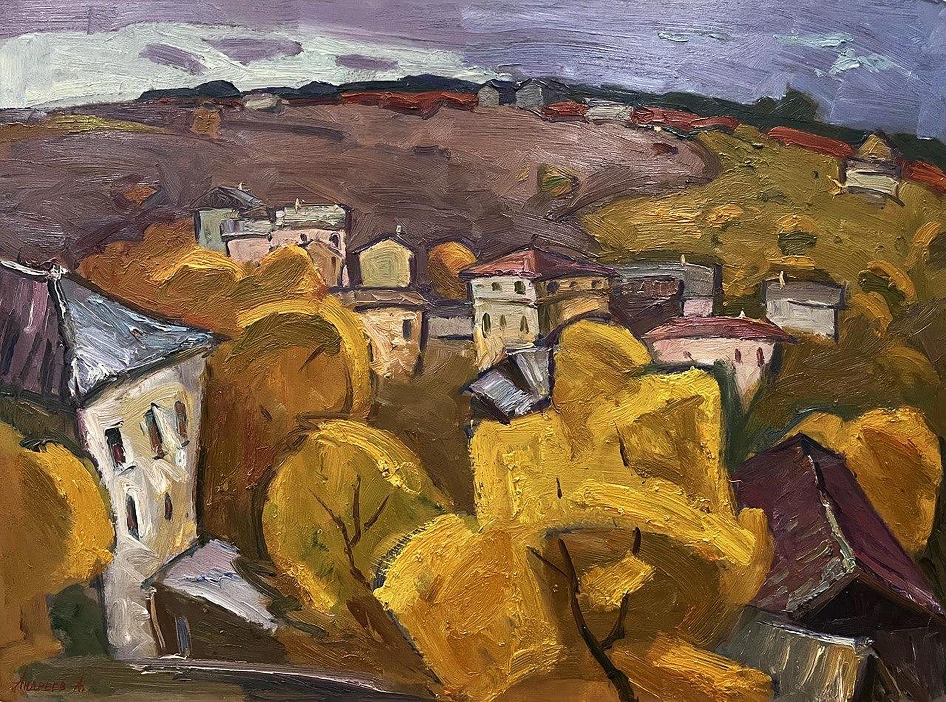 Oil painting Autumn trees by Oleksandr Andreev: vibrant village in golden autumn under purple sky