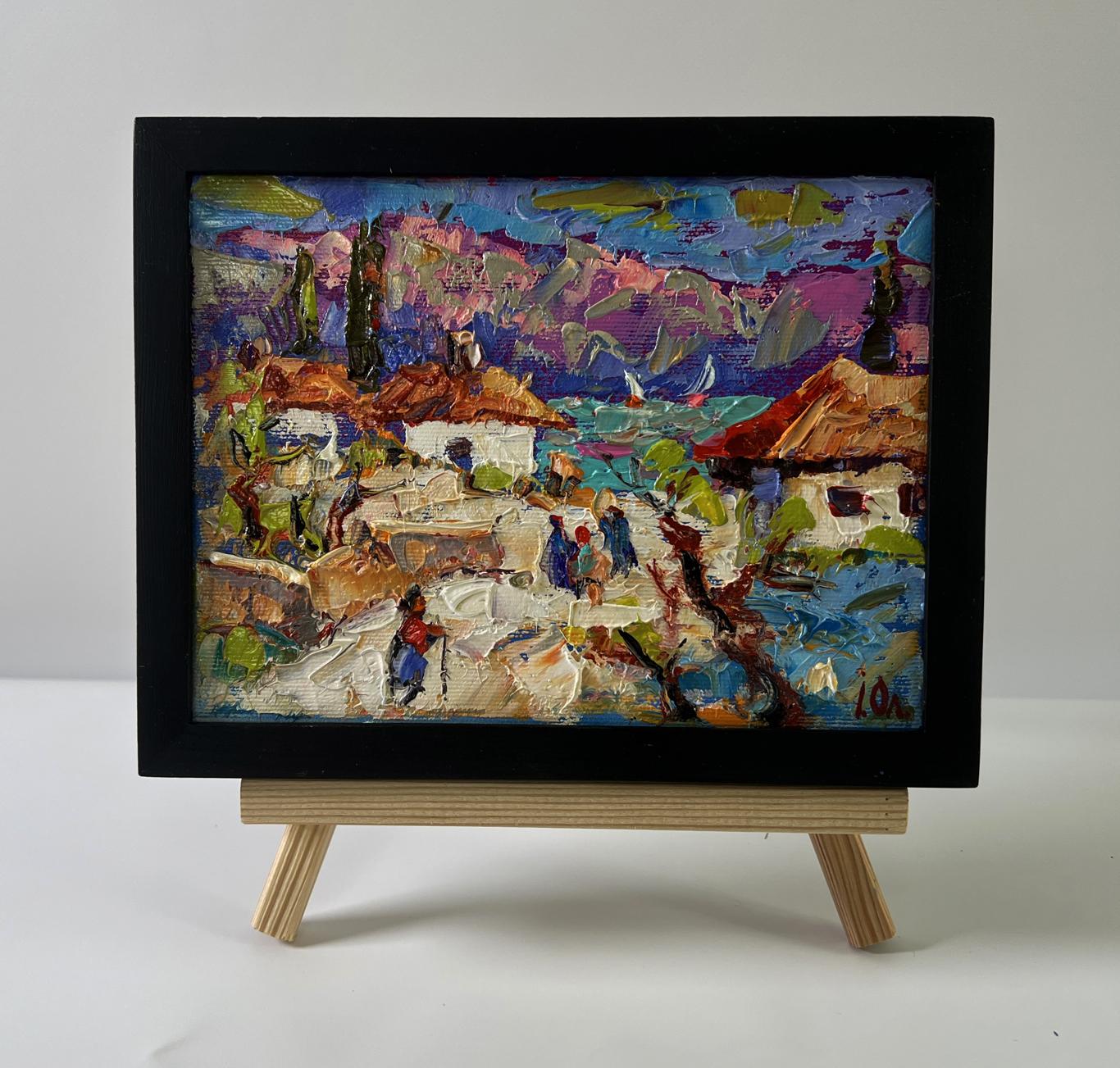 Oil painting Edge of the village by Oleksiy Ivanyuk in black frame