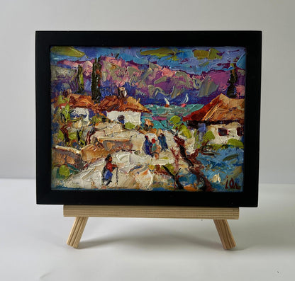 Oil painting Edge of the village by Oleksiy Ivanyuk in black frame