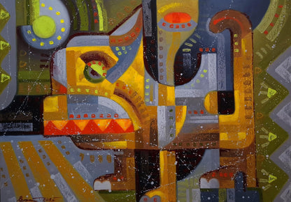 Vibrant oil painting Near the crosswalk by Sergiy Voichenko with bold geometric shapes