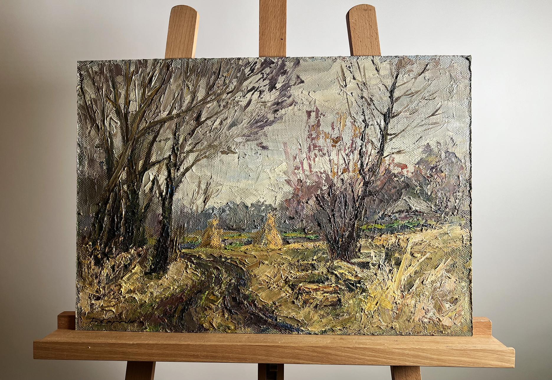 Oil painting Warm autumn days by Boris Serdyuk rustic landscape on easel