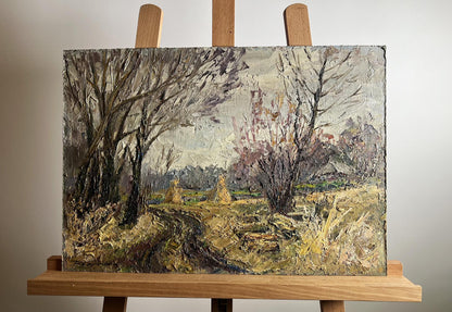 Oil painting Warm autumn days by Boris Serdyuk rustic landscape on easel