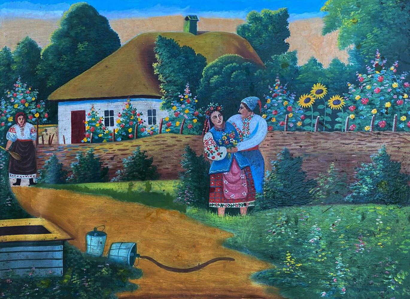 Vibrant oil painting Evening romance near home: thatched cottage, lush gardens, women in embroidered attire