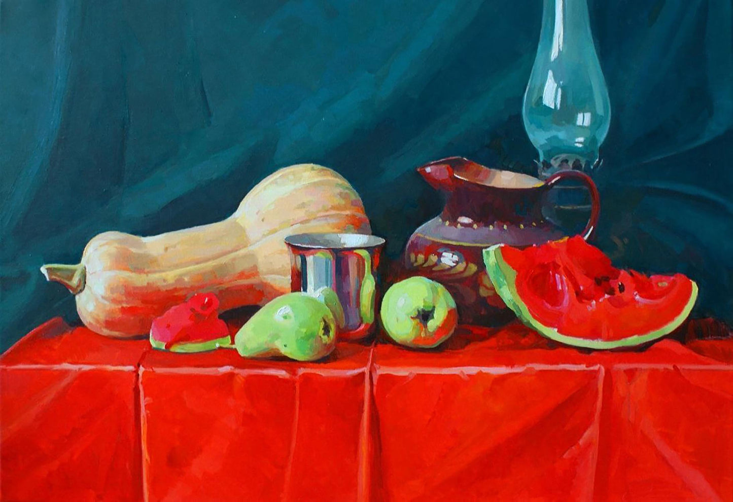 Oil painting of vibrant red watermelon slice by Anastasia Yaroshevich