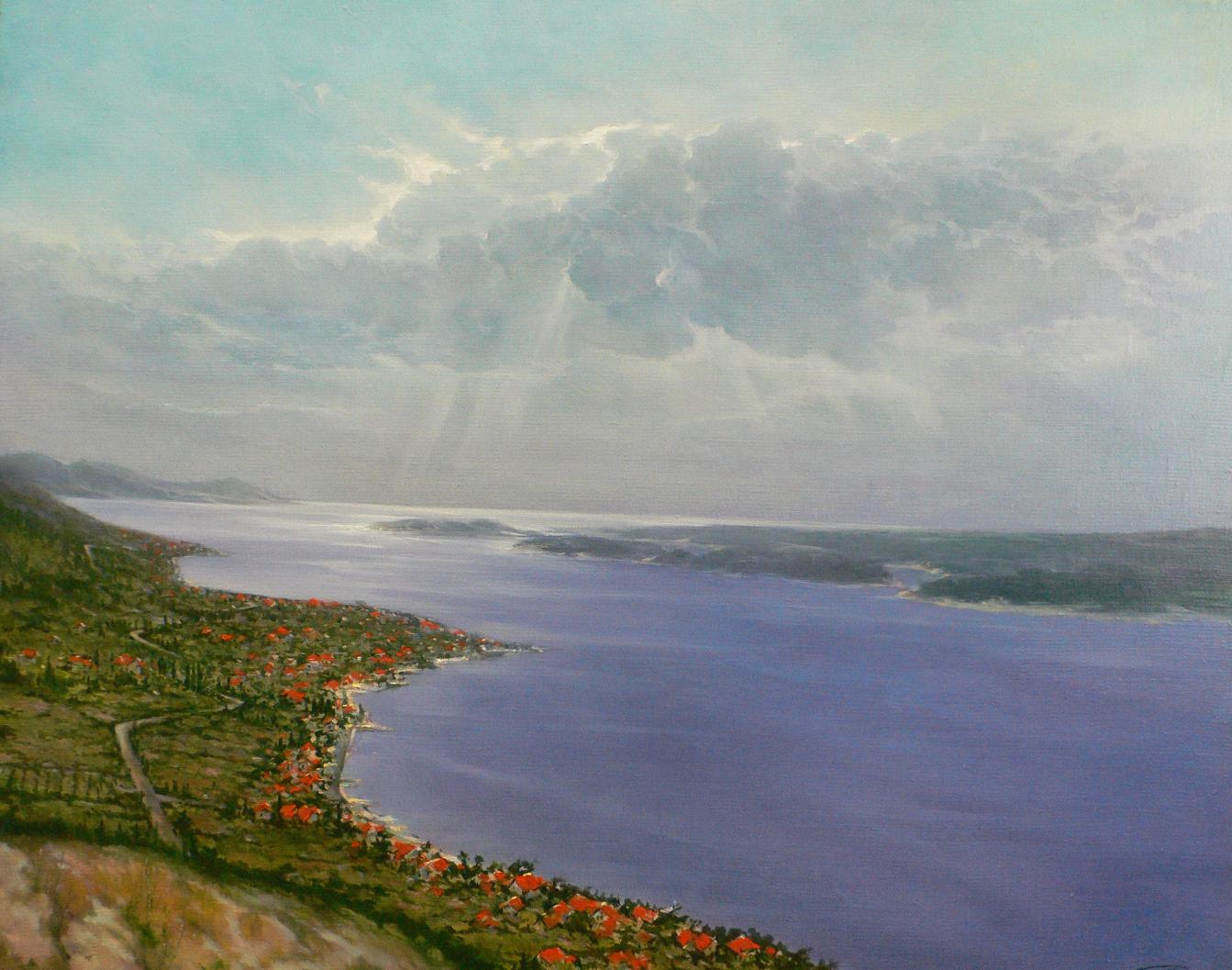 Oil painting View of the river by Vasily Korkishko: serene coastal landscape