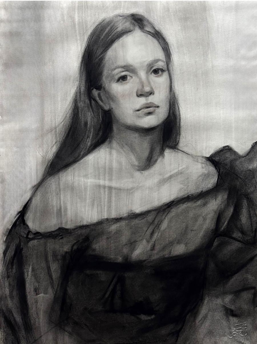Detailed charcoal portrait of Mariia Annam Butt, young woman with flowing hair