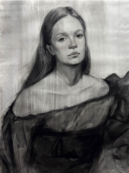 Detailed charcoal portrait of Mariia Annam Butt, young woman with flowing hair