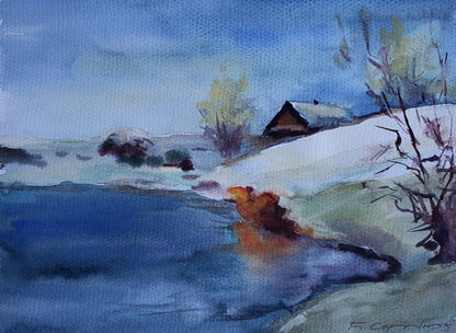 Watercolor painting Under a snowy sky by Boris Serdyuk with house and trees