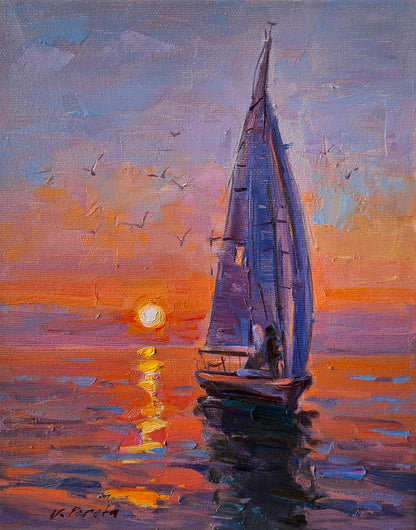 Oil painting Evening at Sea by Vyacheslav Pereta: blue sailboat in sunset