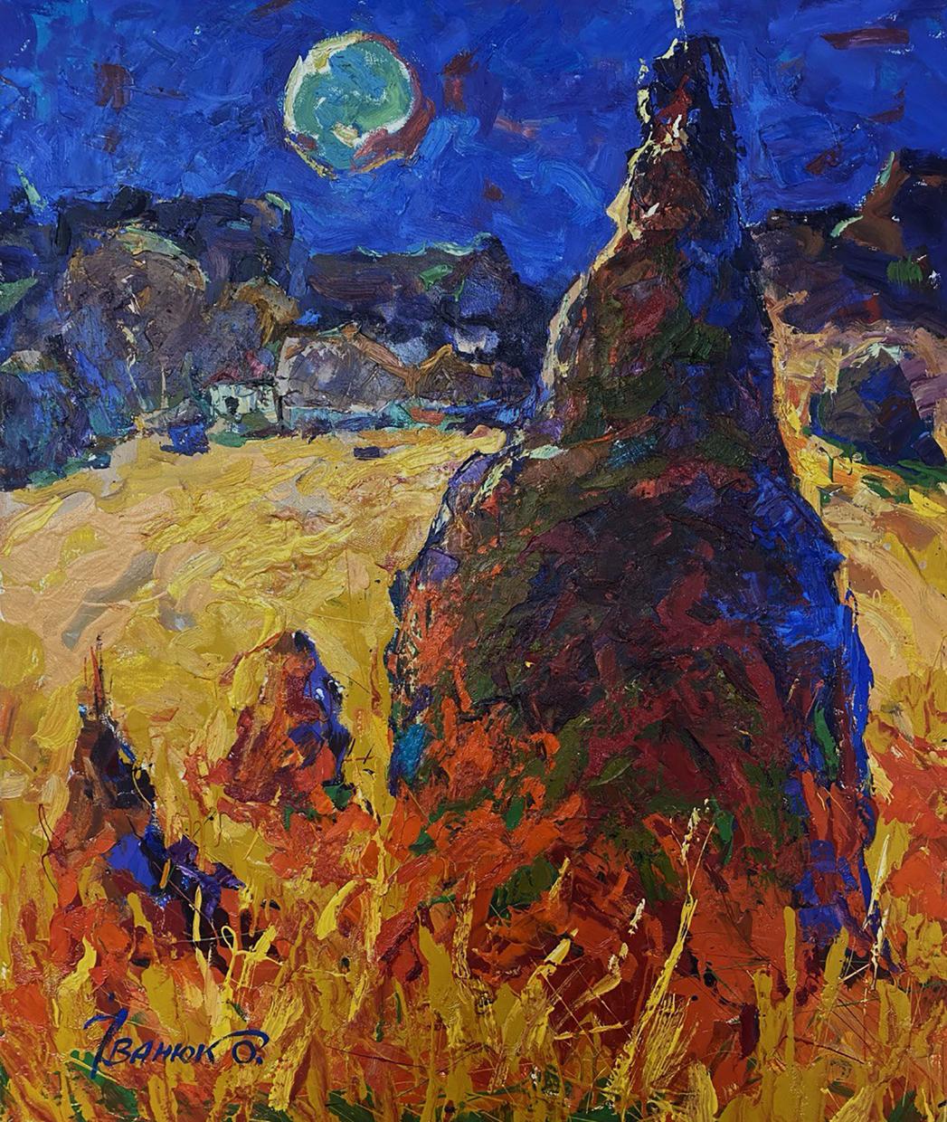 Vibrant impressionist moonlit landscape oil painting by Oleksiy Ivanyuk