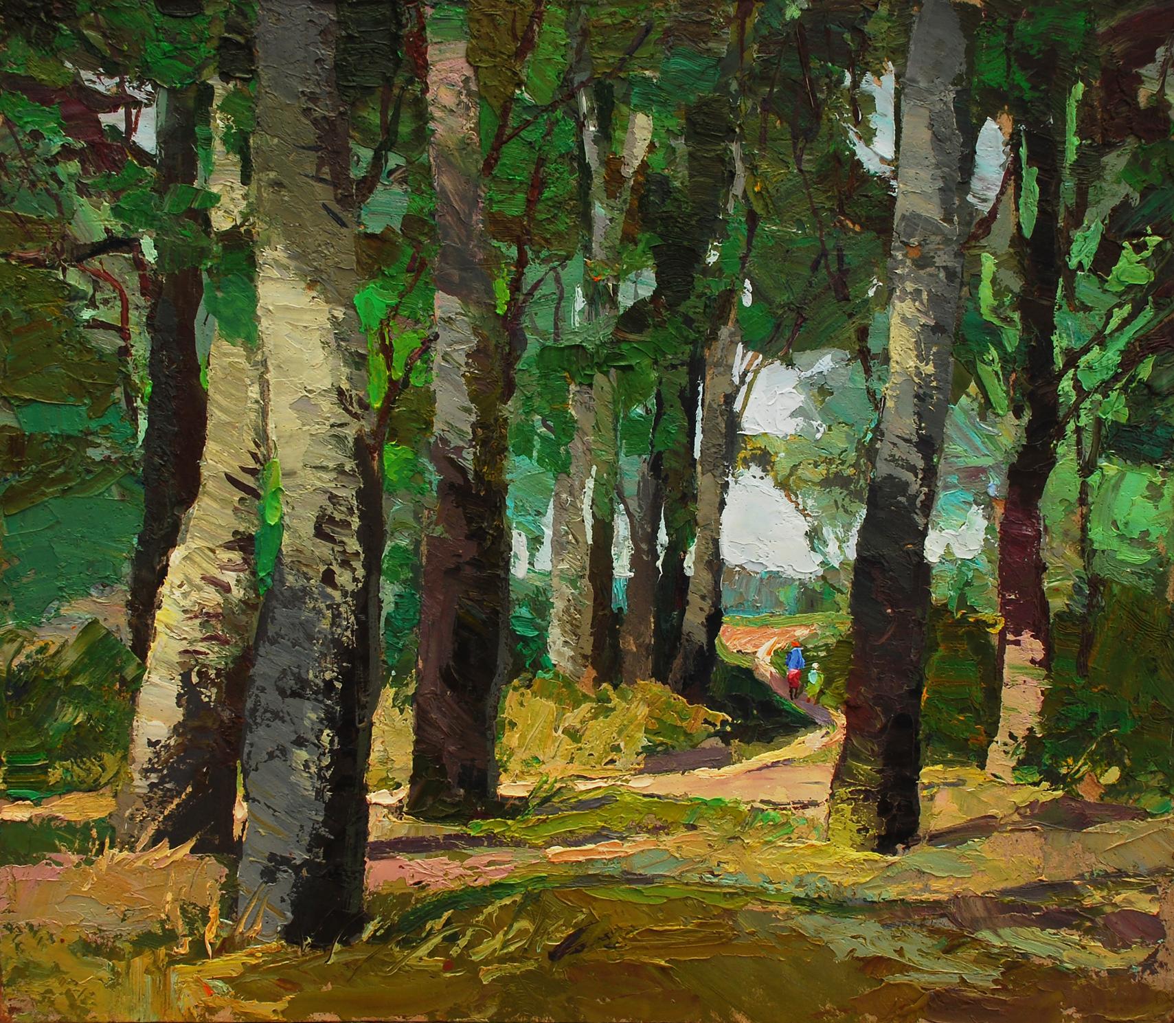 Vibrant impressionist oil painting of aspen forest path by Egor Shvachunov