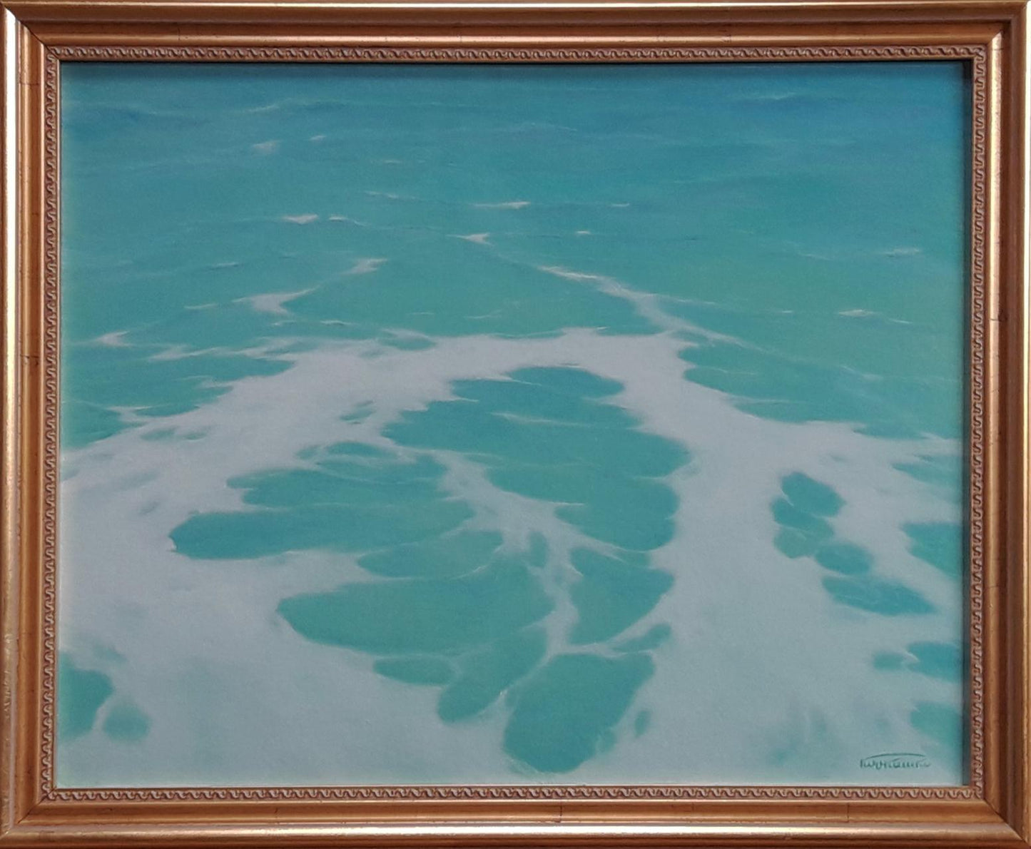 Oil painting On the shore of a wave of happiness by Vasily Korkishko in ornate gold frame
