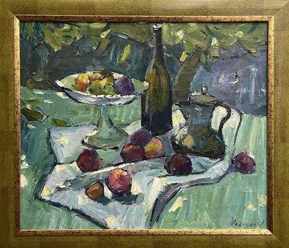 Oil painting by Oleksandr Andreev: still life with fruits, teapot, bottle