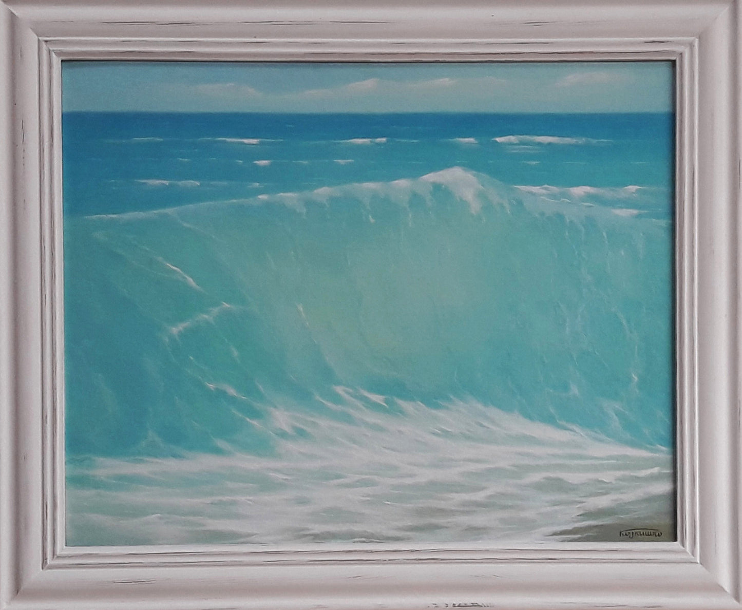 Oil painting Sea line above sky level by Vasily Korkishko in distressed frame