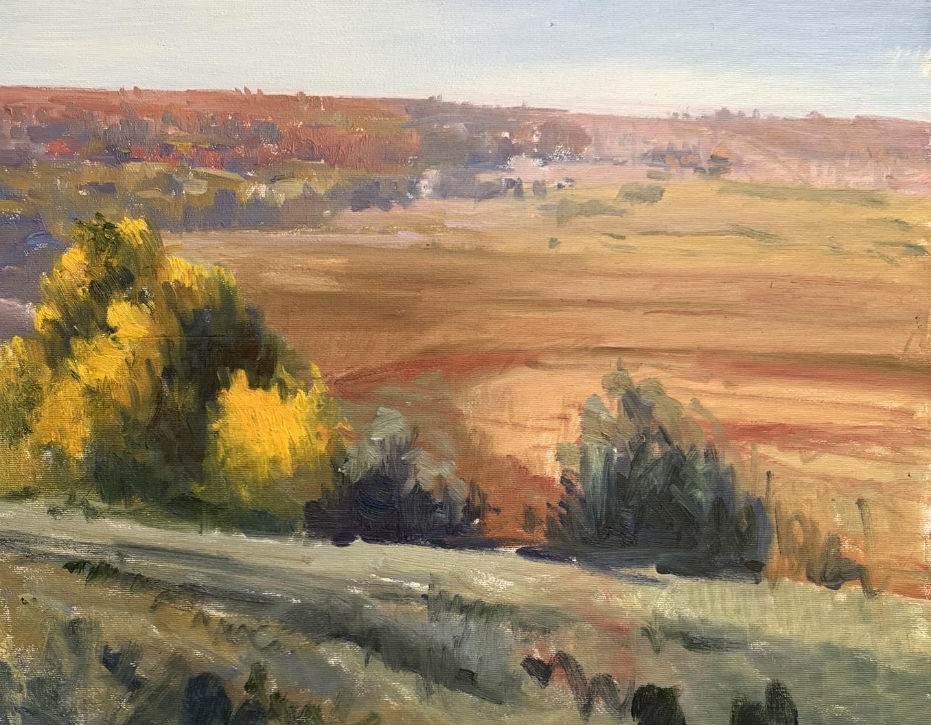 Serene autumn oil painting Hot day by Tatyana Derdey, golden trees and fields