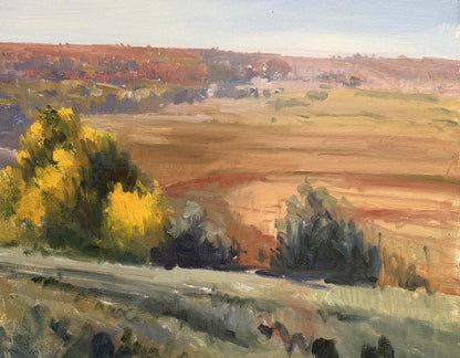 Serene autumn oil painting Hot day by Tatyana Derdey, golden trees and fields