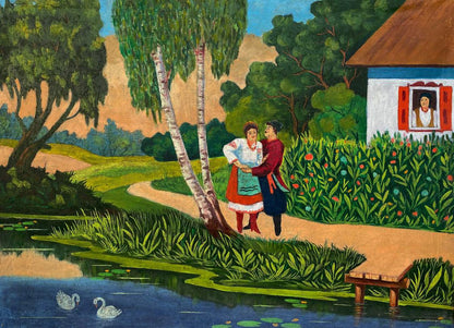 Oil painting Courtship by the Pond: couple dancing by birch tree, swans