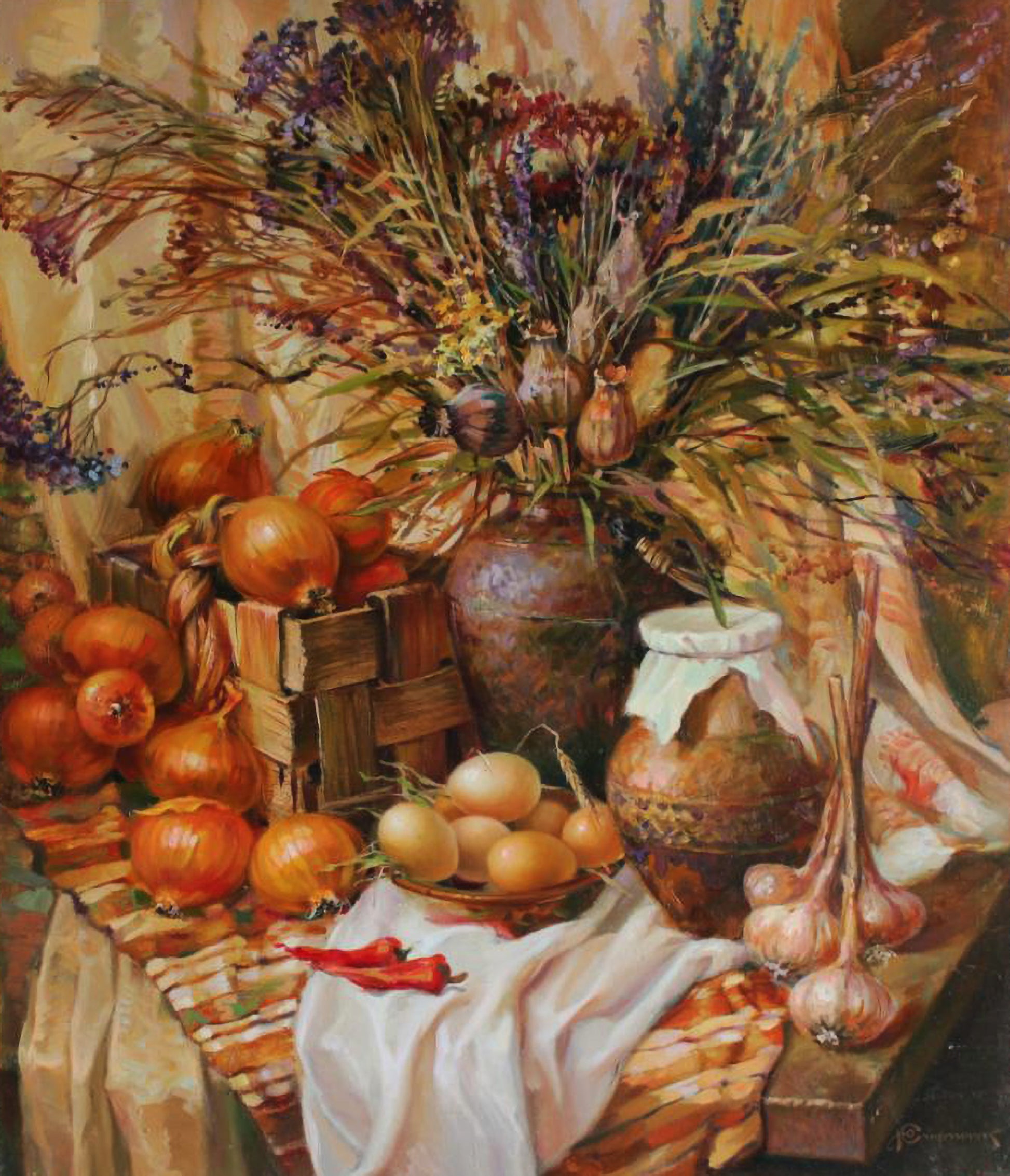 Oil painting Memories of grandma by Yuriy Suprunchuk with rustic vase of dried wildflowers