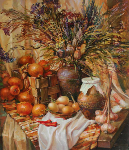 Oil painting Memories of grandma by Yuriy Suprunchuk with rustic vase of dried wildflowers